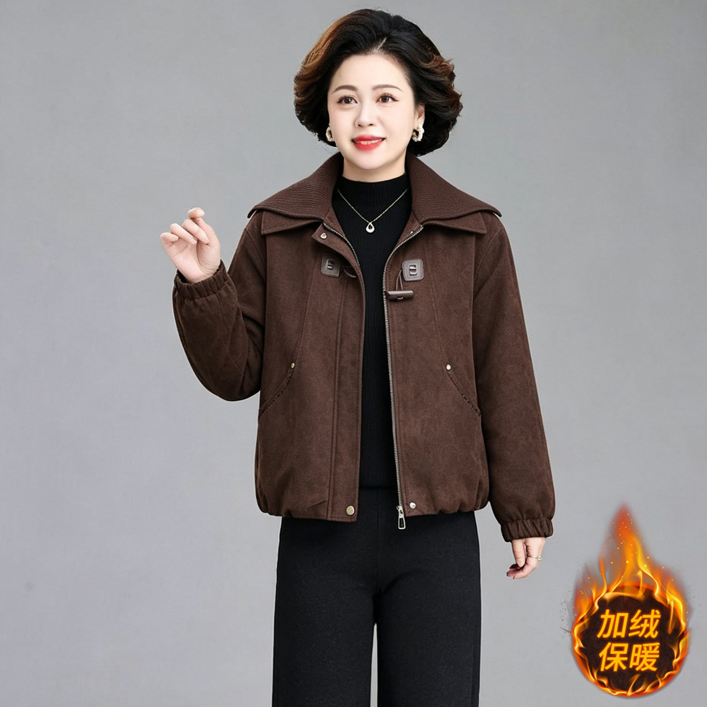 婆婆妈妈秋冬季时尚豹纹外套显瘦夹克中老年女士洋气百搭翻领夹克