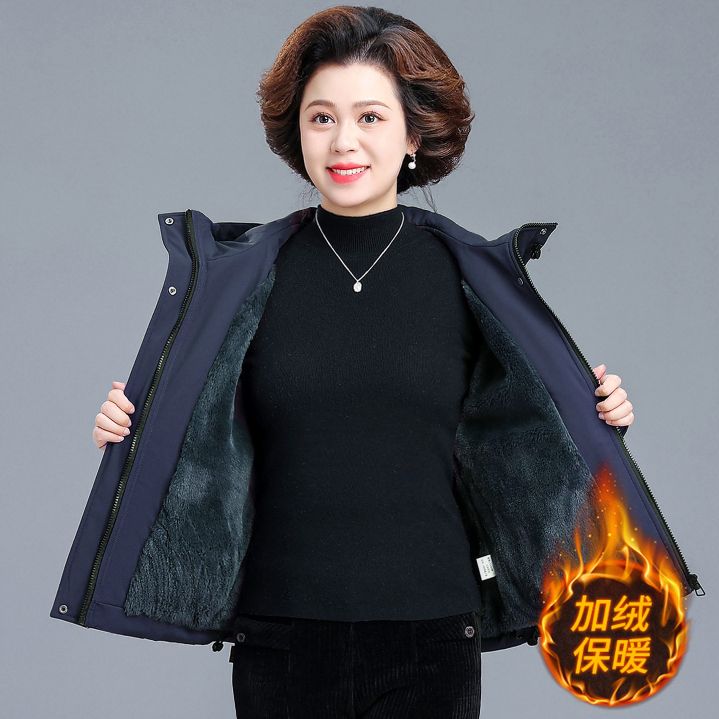 时尚婆婆妈妈装加绒外套短款连帽风衣中老年大码女装春秋气质上衣