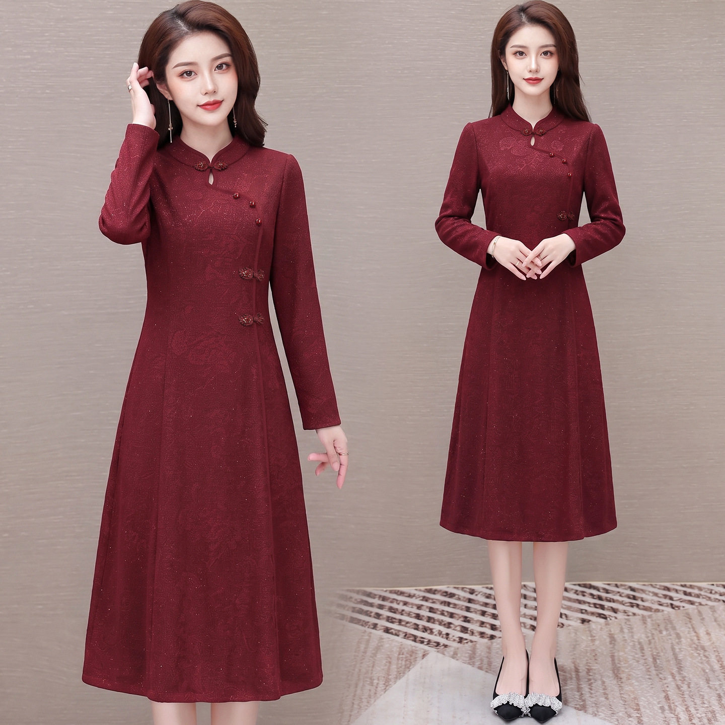 中青年女秋婚宴礼服2026新款中年妈妈装喜婆婆妈妈旗袍长袖连衣裙
