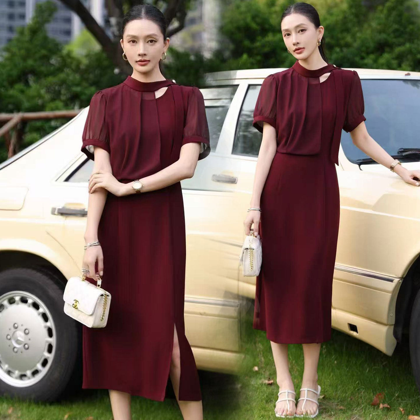 中青年女装2026夏季新款气质时尚显瘦优雅短袖连衣裙贵气拼接长裙