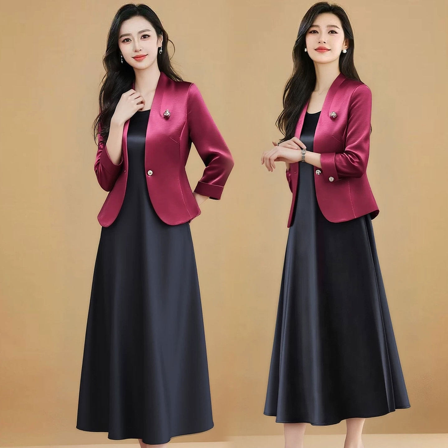两件套女款2026新款时尚气质小外套背心连衣裙套装喜婆婆妈妈套裙