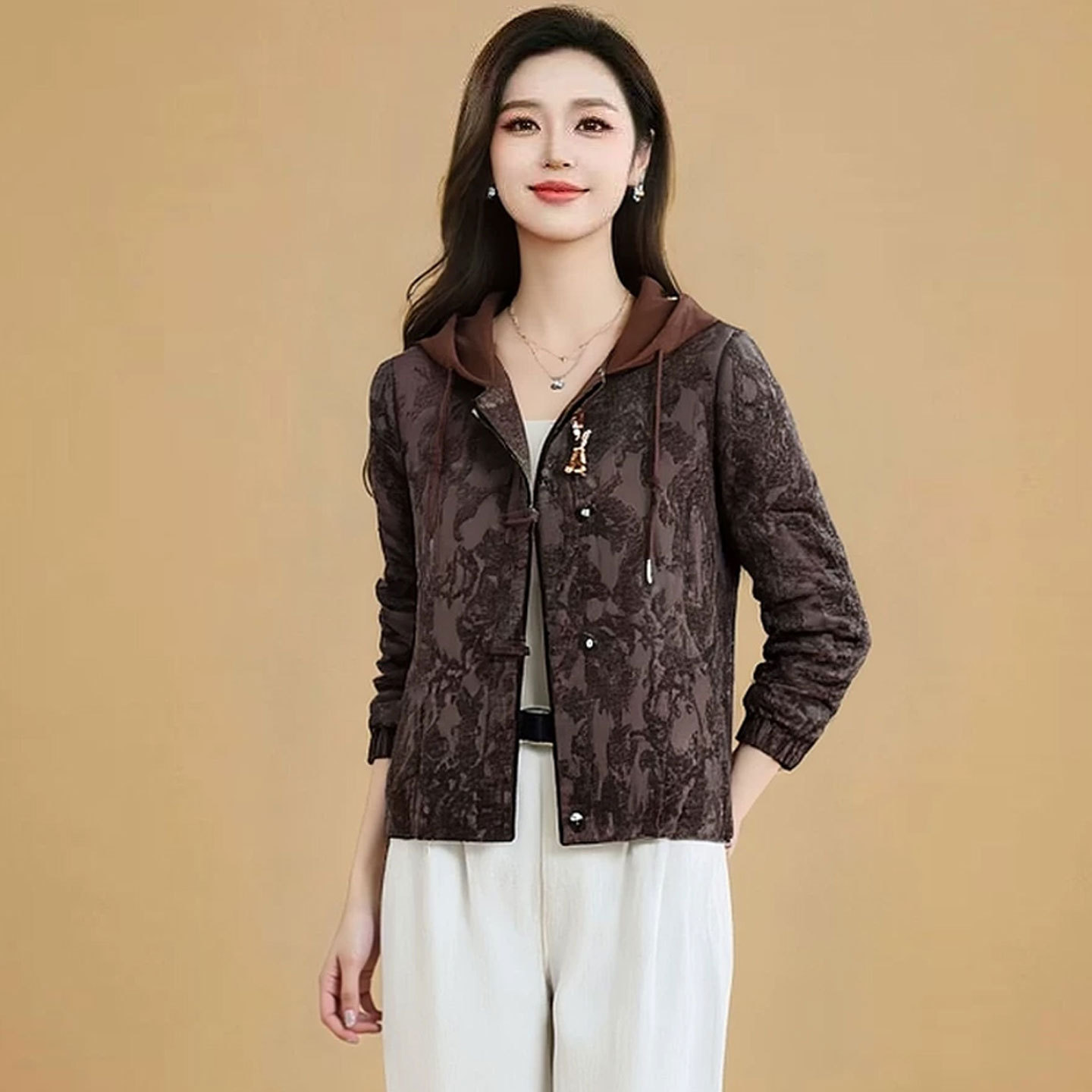 时尚中年妈妈装2026新款连帽外套短款洋气减龄上衣夹克中青年女装