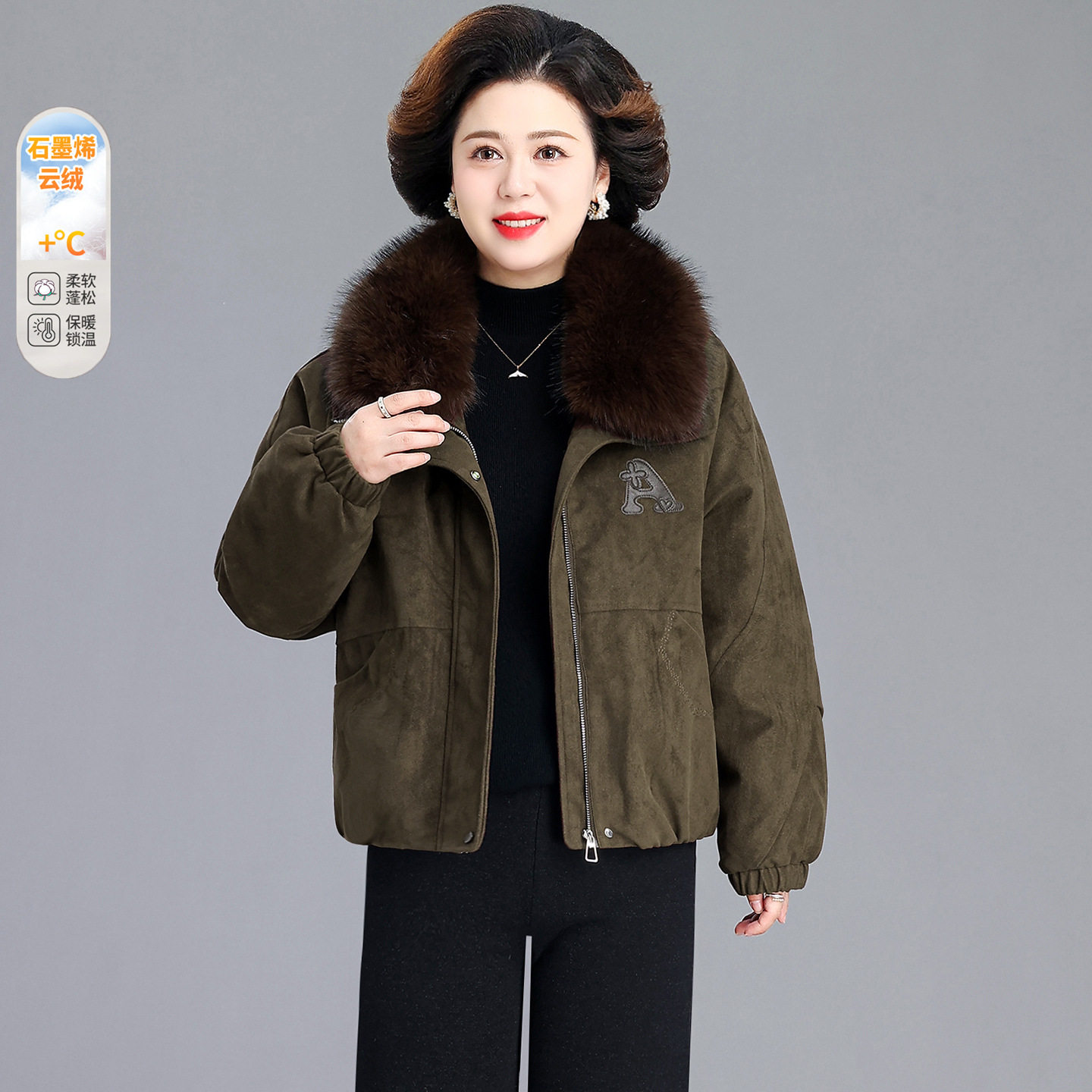 中老年大毛领女装短款夹棉外套2026秋冬新款气质小个子冬棉衣棉服