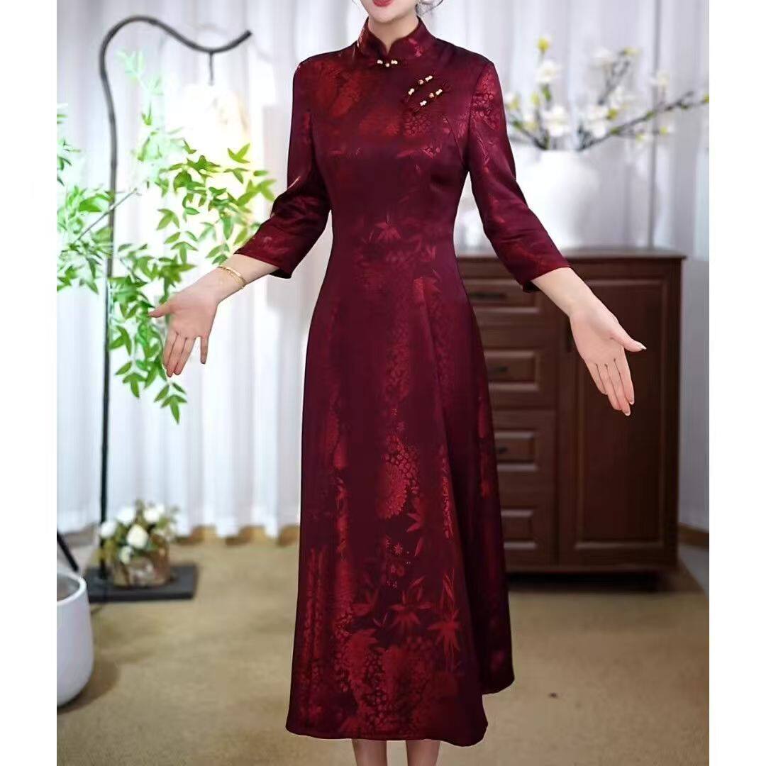 提花红色长袖连衣裙2026新款女中式改良国风喜妈妈婚宴礼服旗袍裙