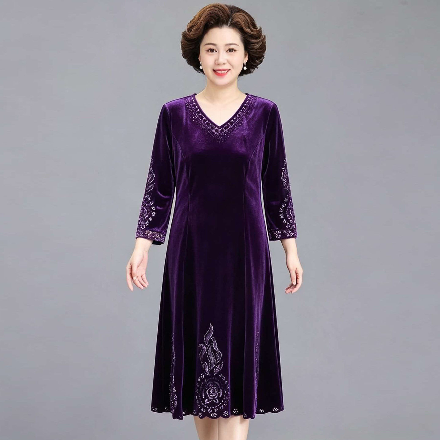 春秋新款韩版宴会礼服金丝绒钉珠中老年长袖连衣裙喜婆婆妈妈裙子