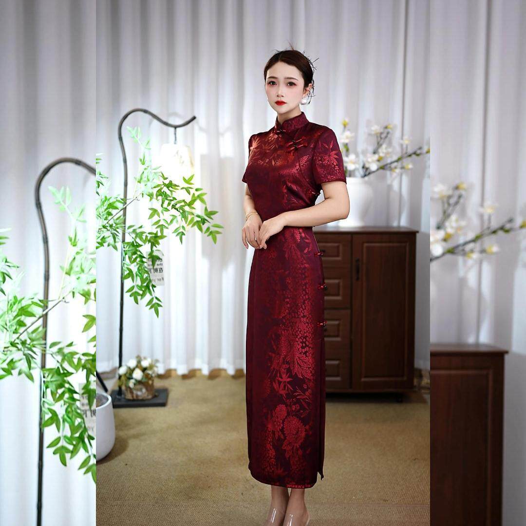 红色旗袍敬酒服新中式订婚衣服结婚礼服喜婆婆夏季缎面短袖连衣裙