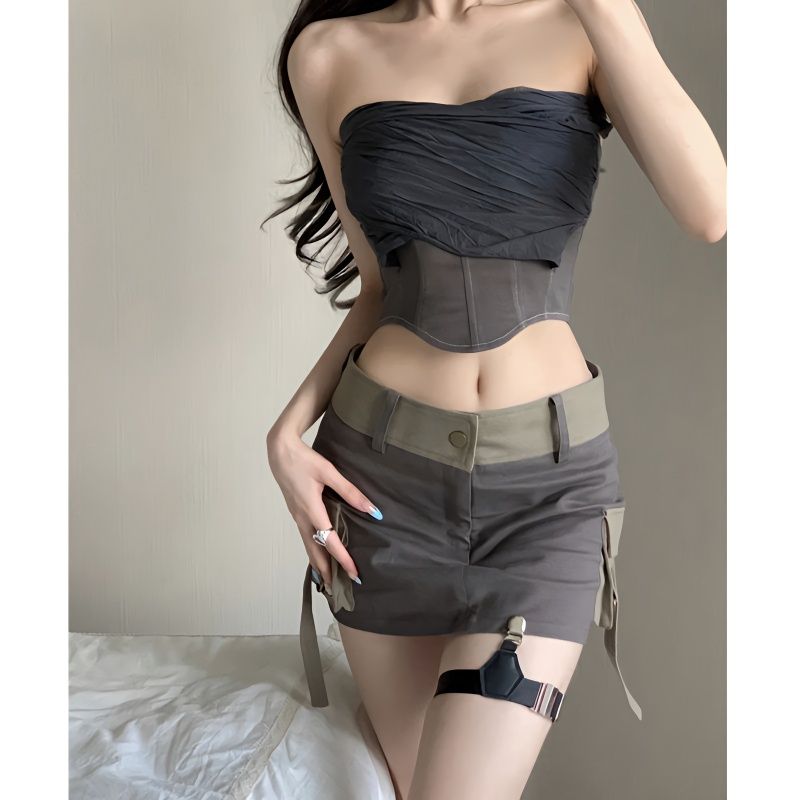 小众设计感两穿挂脖抹胸上衣工装短裙子新款时尚潮酷辣妹套装女夏