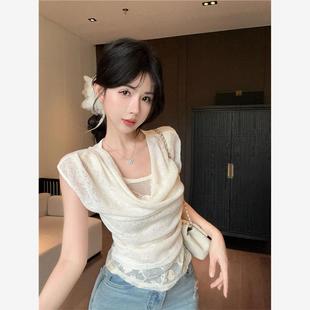 2025夏季 遮肉上衣 女纯欲甜美洋气假两件蕾丝T恤短袖 小众设计修身