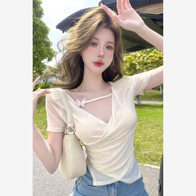 夏季甜辣妹v领锁骨正肩短