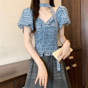 韩系温柔甜美风设计感格子泡泡袖 可爱减龄显瘦T恤上衣 衬衫 女夏季
