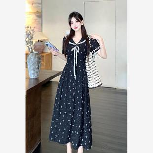 甜美少女感miu系蕾丝收腰显瘦连衣裙女夏季 大码 碎花娃娃领长裙子