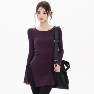 春秋中长款打底衫开叉T恤长袖上衣显瘦运动瑜伽服长袖舞蹈练功服