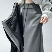 灰色运动半身裙新款 高腰直筒开叉松紧显瘦垂坠抽绳休闲长裙裙子