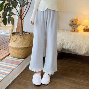 新款 居家裤 睡裤 宽松直筒甜美蕾丝边睡裤 女纯色德绒加厚长裤 秋冬季