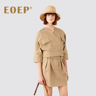 小众设计师款!工装风上衣短外套五分袖v领口袋卡其色简约通勤纯色