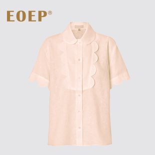 静奢老钱风亚麻衬衫女夏短袖宽松简约纯色设计感上衣polo翻领衬衣
