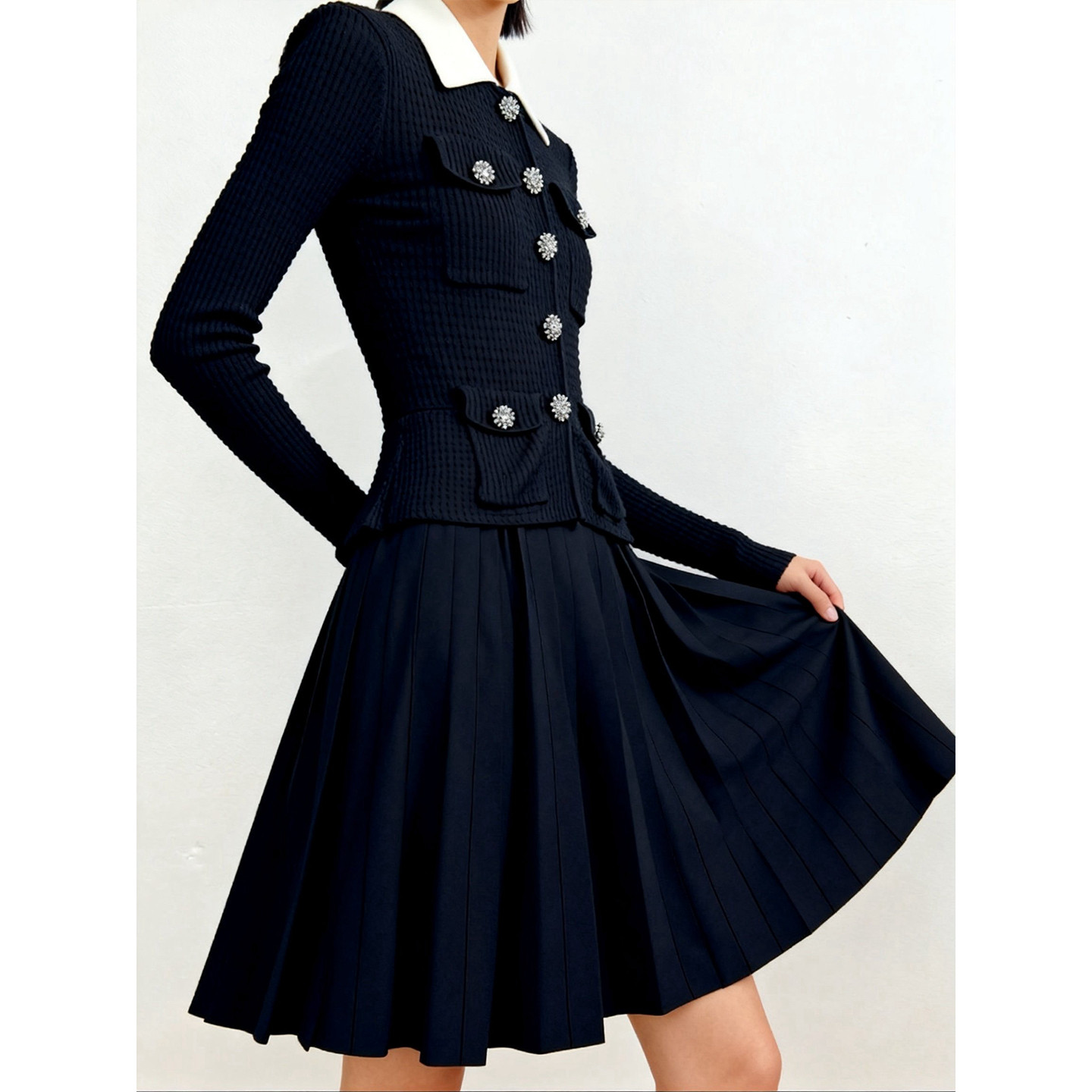 法式千金风 针织连衣裙长袖收腰显瘦a字裙短款撞色翻领名媛气质裙