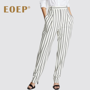 哈伦裤 子女高腰休闲老爹裤 春夏 小众设计黑白色竖条纹长裤 极简风