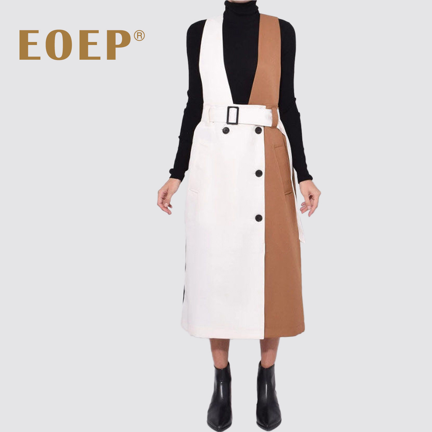 小众设计！撞色背心裙无袖连衣裙系腰带中长款简约气质显瘦 春秋