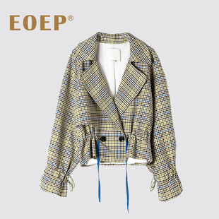 小众设计师款！短款风衣外套女抽绳长袖灯笼袖上衣独特小格子春秋