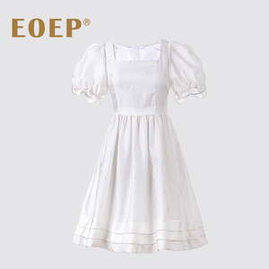 小众设计师款!泡泡袖连衣裙夏高腰收腰a字大摆蓬蓬裙白色甜美仙女