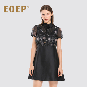 小众设计师款！印花连衣裙夏收腰高腰a字裙小翻领短袖气质黑色