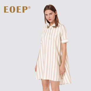 小众设计师款！衬衫连衣裙夏a字大摆翻领短袖竖条纹短裙 甜美仙女