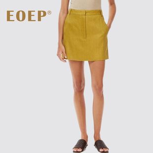 休闲 裙一步裙时尚 黄绿色 亚麻半身裙包臀短裙西装 小众设计师款