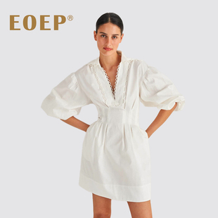 EOEP小众设计品牌！灯笼袖连衣裙收腰深V领长袖时尚纯色棉麻 春秋