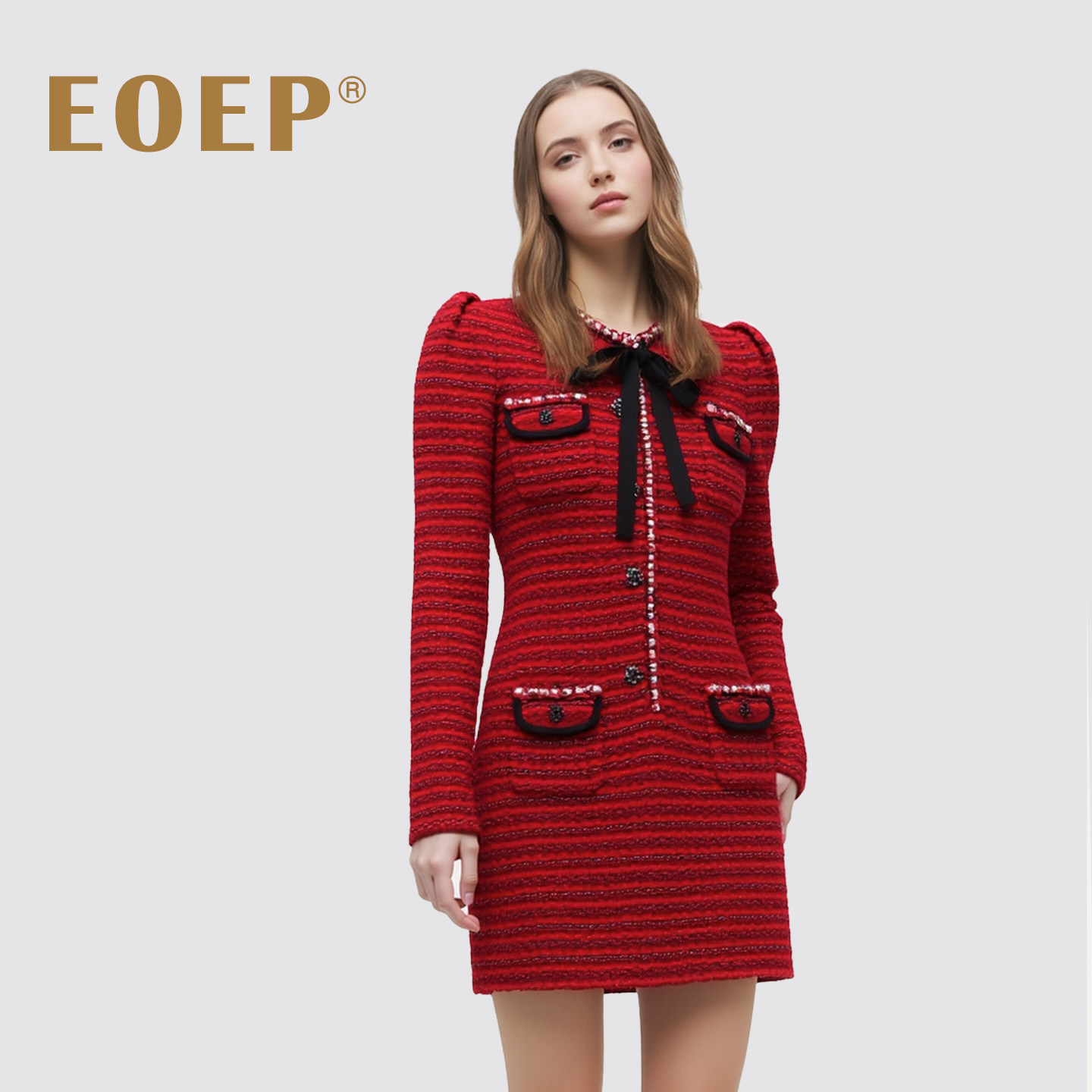 小香风！针织连衣裙短款毛衣裙修身圆领长袖红色时尚气质千金风