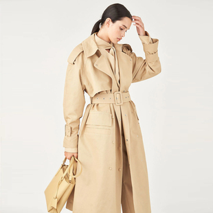 澳洲小众设计！英伦风卡其色风衣外套女中长款腰带大衣纯色棉麻秋