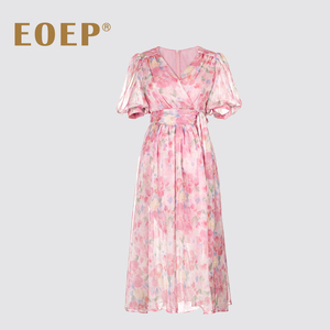 小众设计师款!印花V领连衣裙夏高腰收腰系带绑带泡泡袖中长款长裙