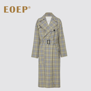 小众设计！风衣外套女中长款配腰带宽松落肩廓形小格子大衣 春秋