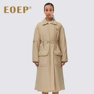 小众设计 英伦风棉服女长款过膝轻薄加厚棉衣系腰带收腰韩版气质