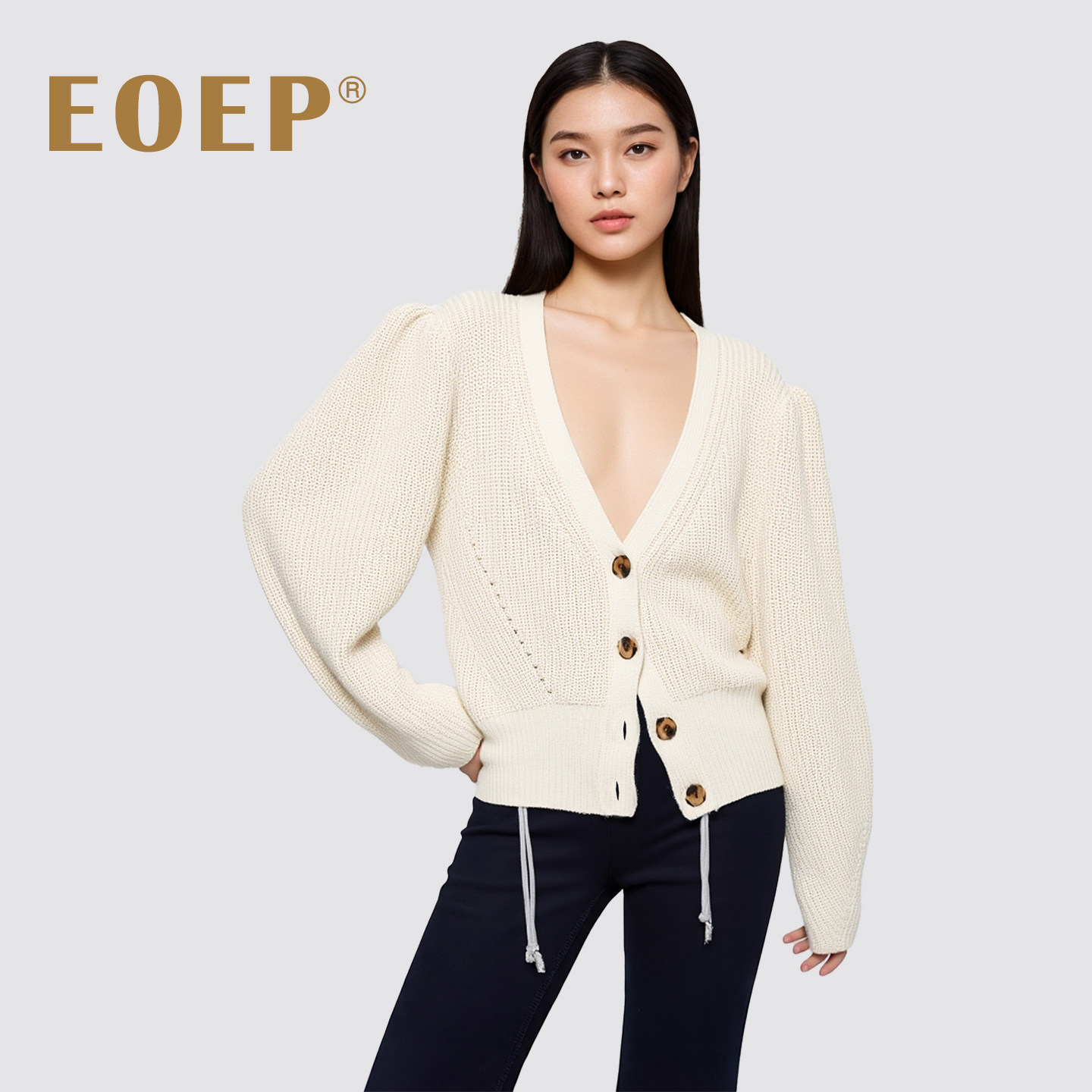 EOEP 气质针织开衫女短款v领长袖泡泡袖灯笼袖羊毛毛衣外套厚春秋