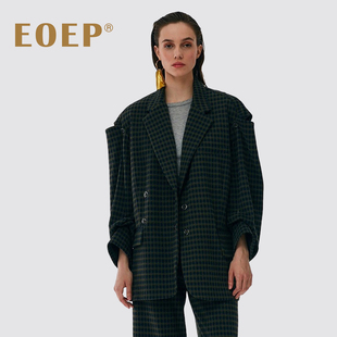 小众设计师款！大廓形毛呢西装外套女厚宽松中长款格子复古潮春秋