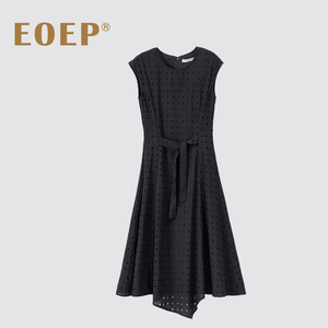 法式暗黑哥特风镂空连衣裙得体教师中长裙无袖圆领收腰不规则设计