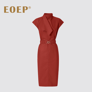 小众设计师款!飘带领连衣裙修身直筒中长裙简约无袖V领铅笔裙红色