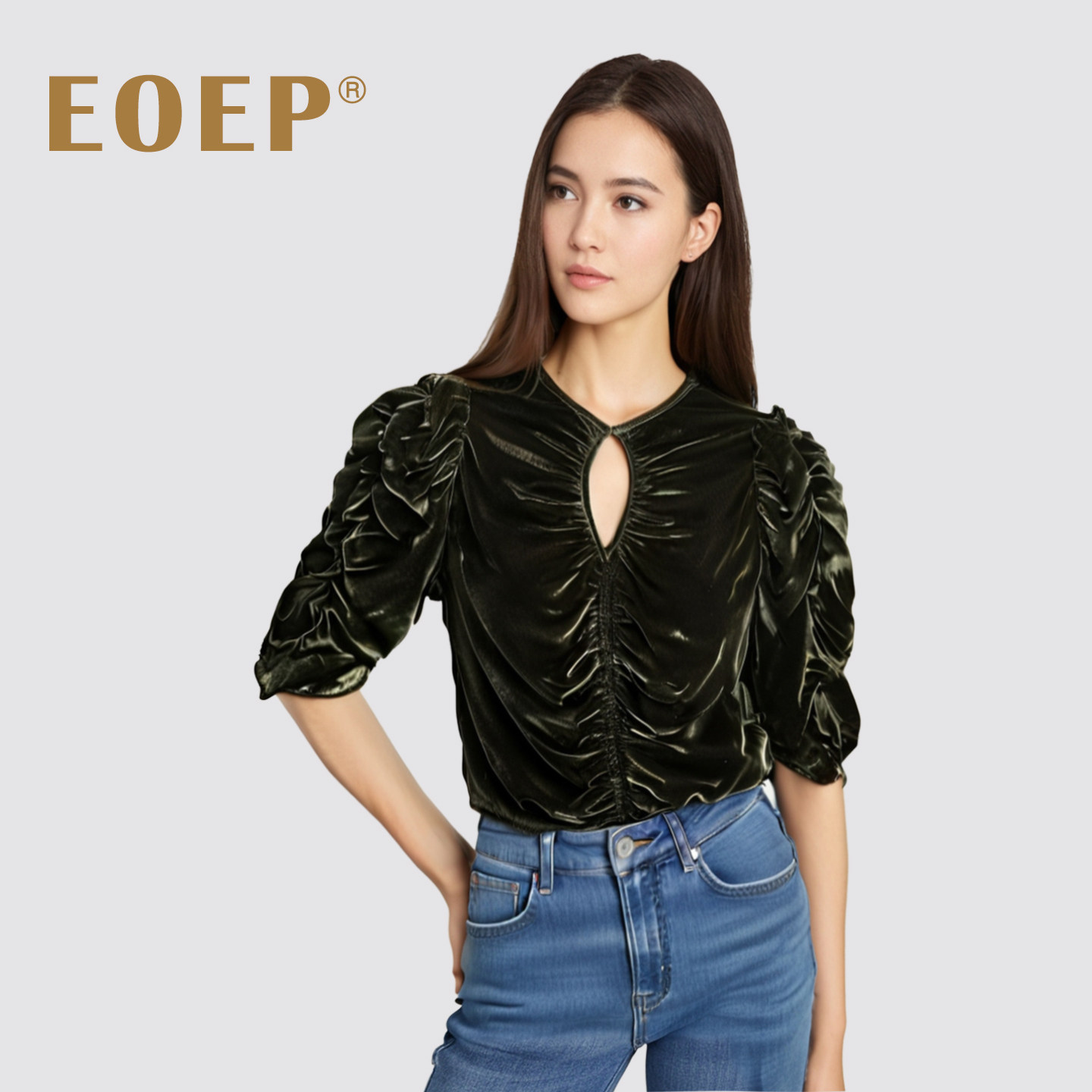 小众设计！真丝丝绒中袖上衣女圆领V领抽褶显瘦气质泡泡袖T恤套衫