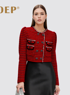 SP小香风！羊毛针织开衫短外套女圆领长袖修身厚外穿毛衣红色上衣