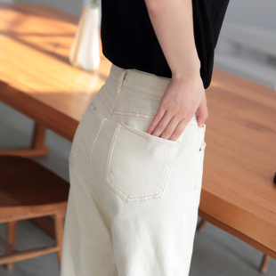 百搭显瘦老爹裤 直筒哈伦裤 子 女宽松韩版 米白色水洗高腰九分牛仔裤