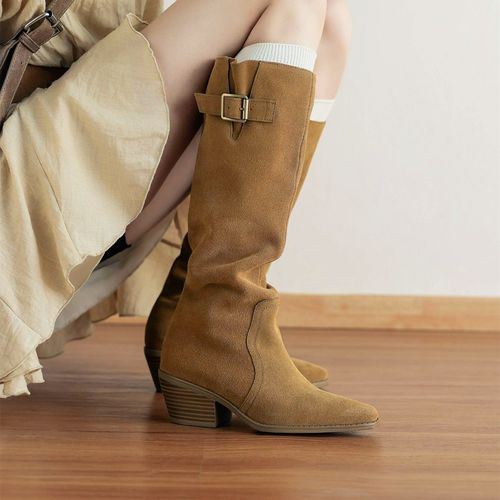 小众皮带扣设计高跟高筒西部靴