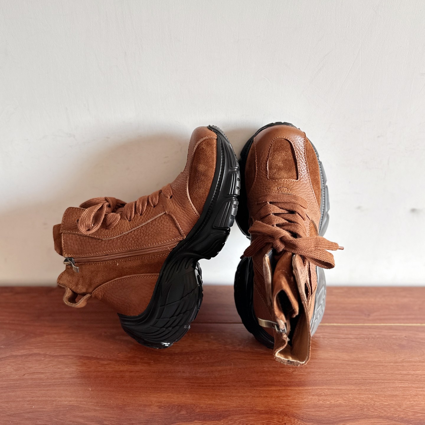 头层牛皮高跟系带休闲老爹鞋