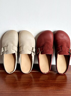 【烁掌柜】2026夏复古文艺手工真皮女鞋头层牛皮大圆头勃肯半拖鞋