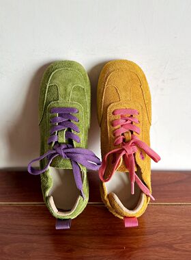 【烁掌柜】复古学院风真皮小众女鞋头层牛皮系带休闲糖果色德训鞋
