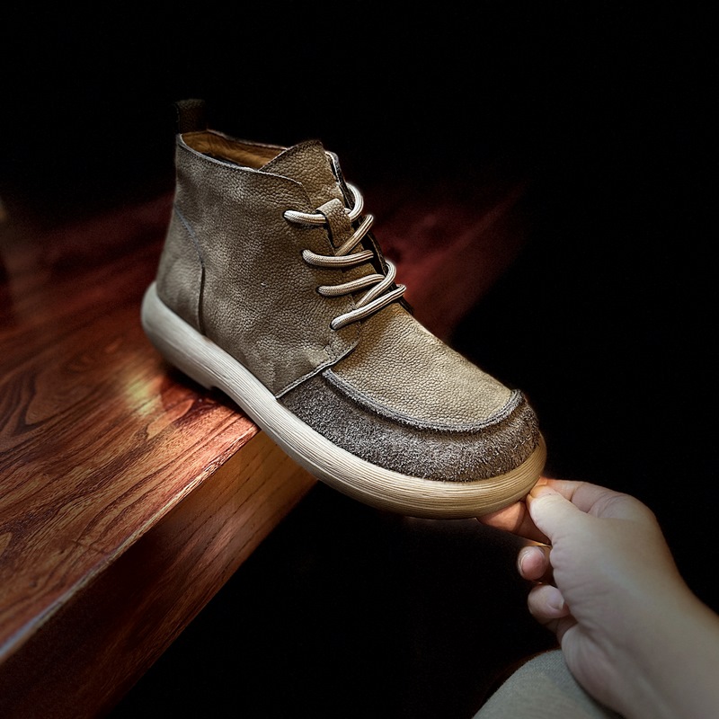 头层牛皮软底软面低跟系带马丁靴