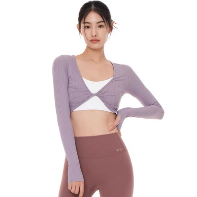 25专柜新款andar螺纹长袖罩衫修身瑜伽运动短上衣t恤舒适弹力显瘦