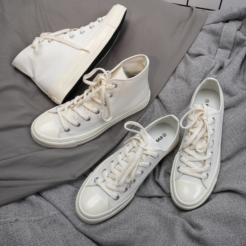 1970s纯白全白色帆布鞋男女高帮鞋子百搭学生韩版情侣复古小白鞋