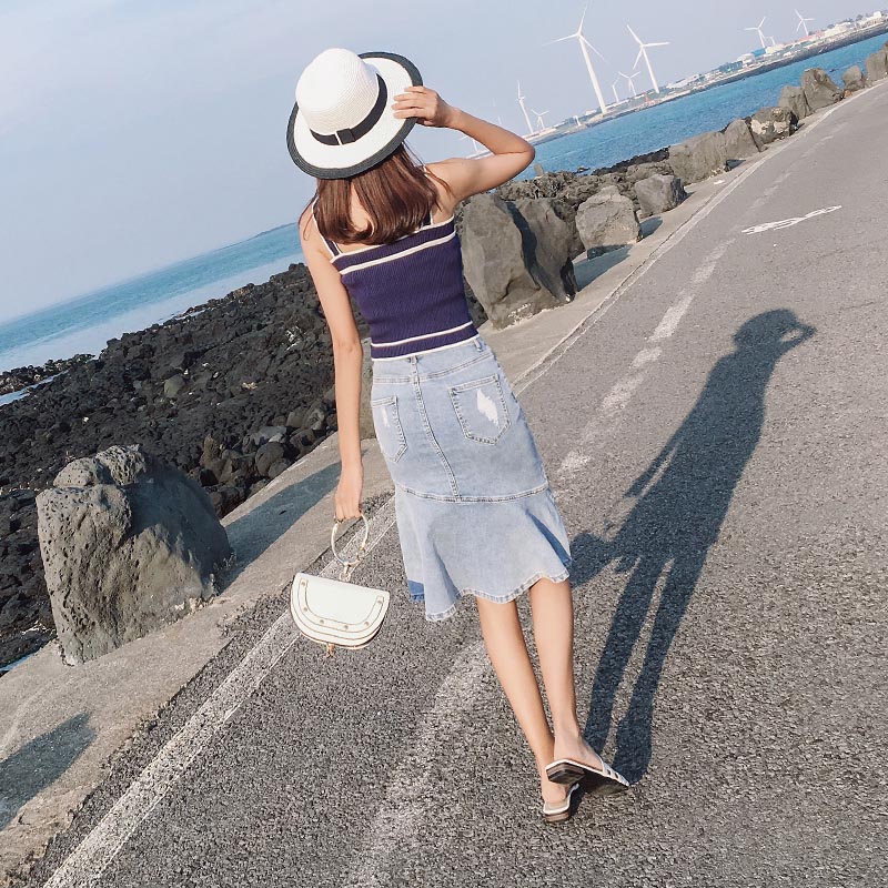 浅色荷叶边牛仔裙女2019夏季鱼尾半身裙复古高腰a字显瘦短裙薄|ruв категории Женская одежда, юбка - от Buy2taobao.com для оказания профессиональной услуги покупки агента Taobao