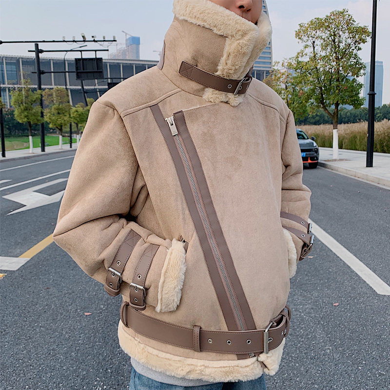 麂皮绒外套chic羊羔毛棉衣男士复古短款皮毛一体仿皮草棉服DY03,男装棉衣,电商A1018-1